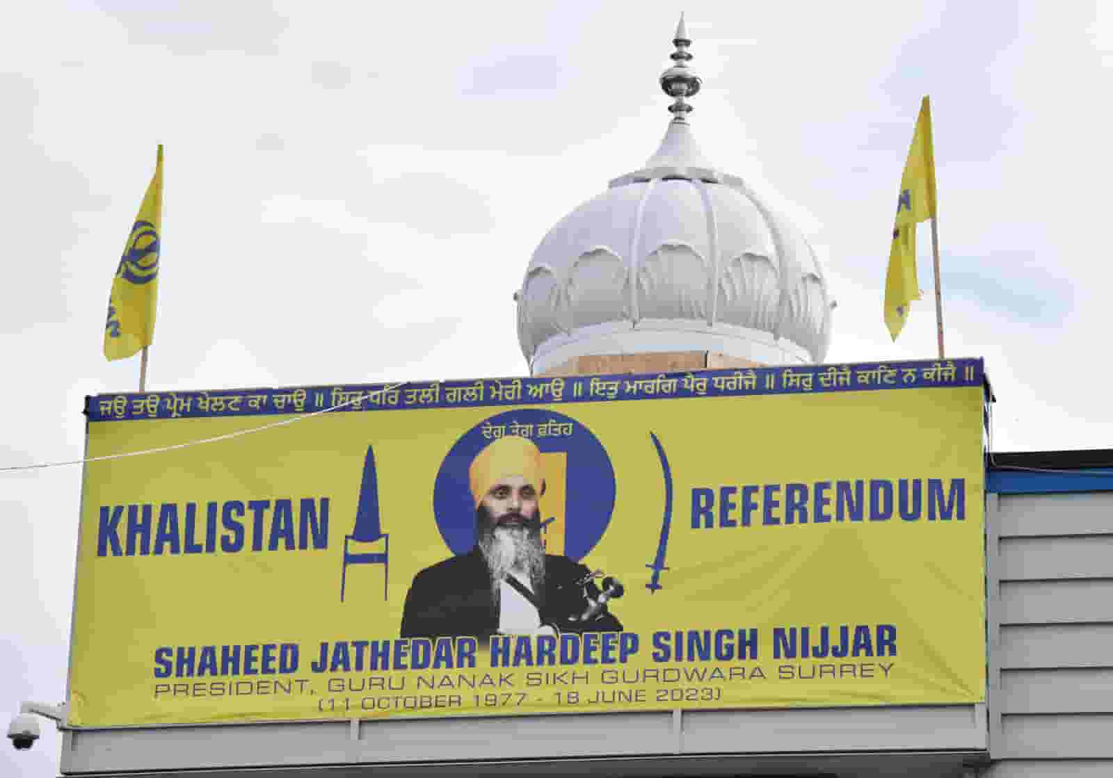 An image of Hardeep Singh Nijjar at the Guru Nanak Sikh Gurdwara temple in Surrey, British Columbia, Canada, on September 19, 2023 (DON MACKINNON/AFP via Getty Images)