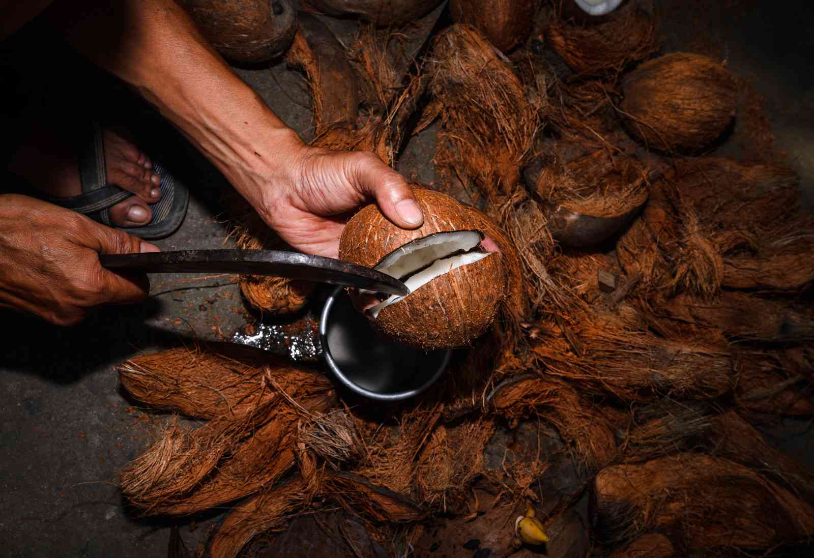 The coconut is cracked open to extract the coconut water and the white part of the coconut or ‘’coconut meat’' from the coconut shell is extracted. Tehatta, West Bengal; India on 27/10/2023 (Soumyabrata Roy/NurPhoto via Getty Images)