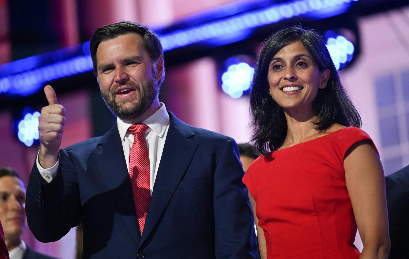 2024 Republican vice presidential candidate J.D. Vance and his wife Usha Vance on the last day of the 2024 Republican National Convention on July 18, 2024 (PATRICK T. FALLON/AFP via Getty Images)