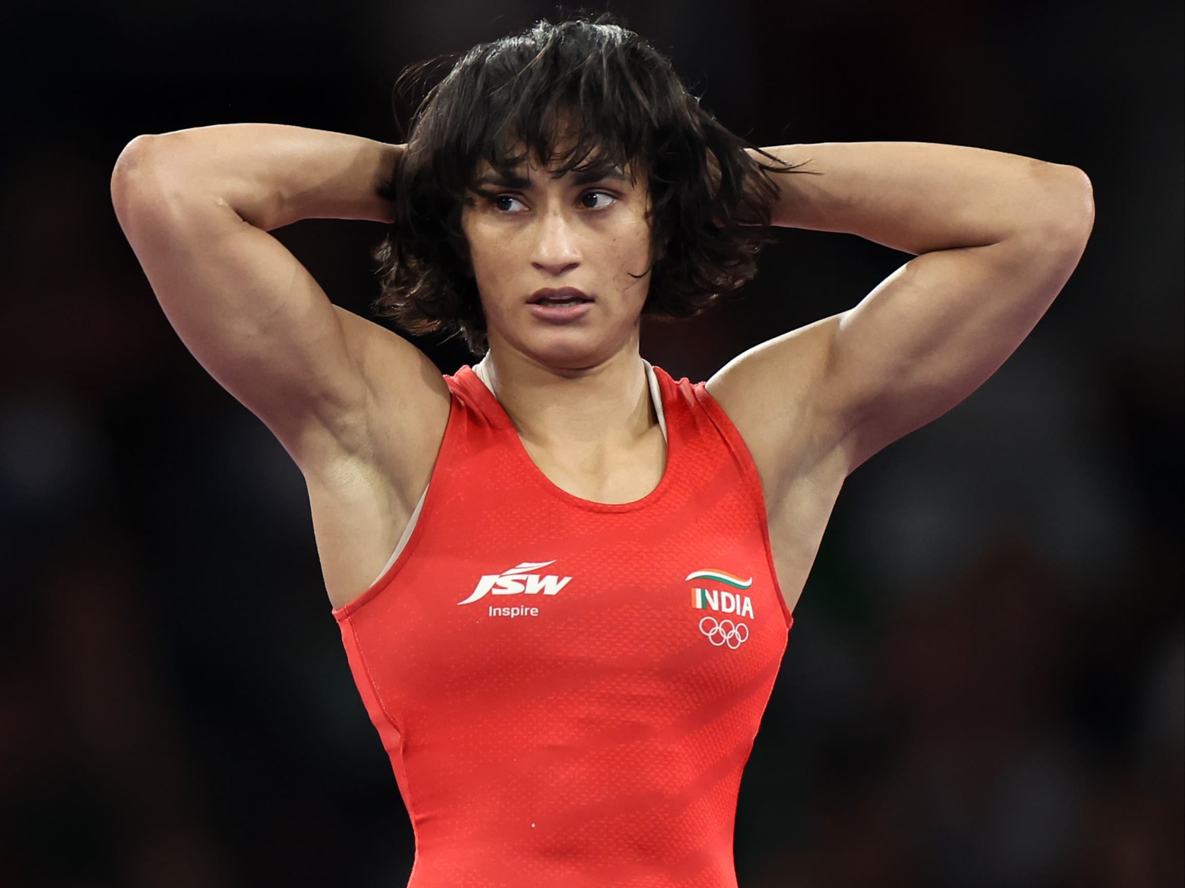 Vinesh Phogat of India during the Women’s Freestyle 50kg quarterfinal match with Oksana Livach of Ukraine on day eleven of the Olympic Games Paris 2024 at Champs-de-Mars Arena on August 6, 2024 (Luke Hales/Getty Images)