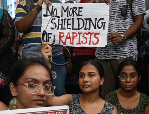 Doctors, paramedics, and medical students are attending a protest against the rape and murder of a trainee doctor inside the premises of R.G. Kar Medical College and Hospital in Kolkata, India, on August 12, 2024 (Debajyoti Chakraborty/NurPhoto via Getty Images)