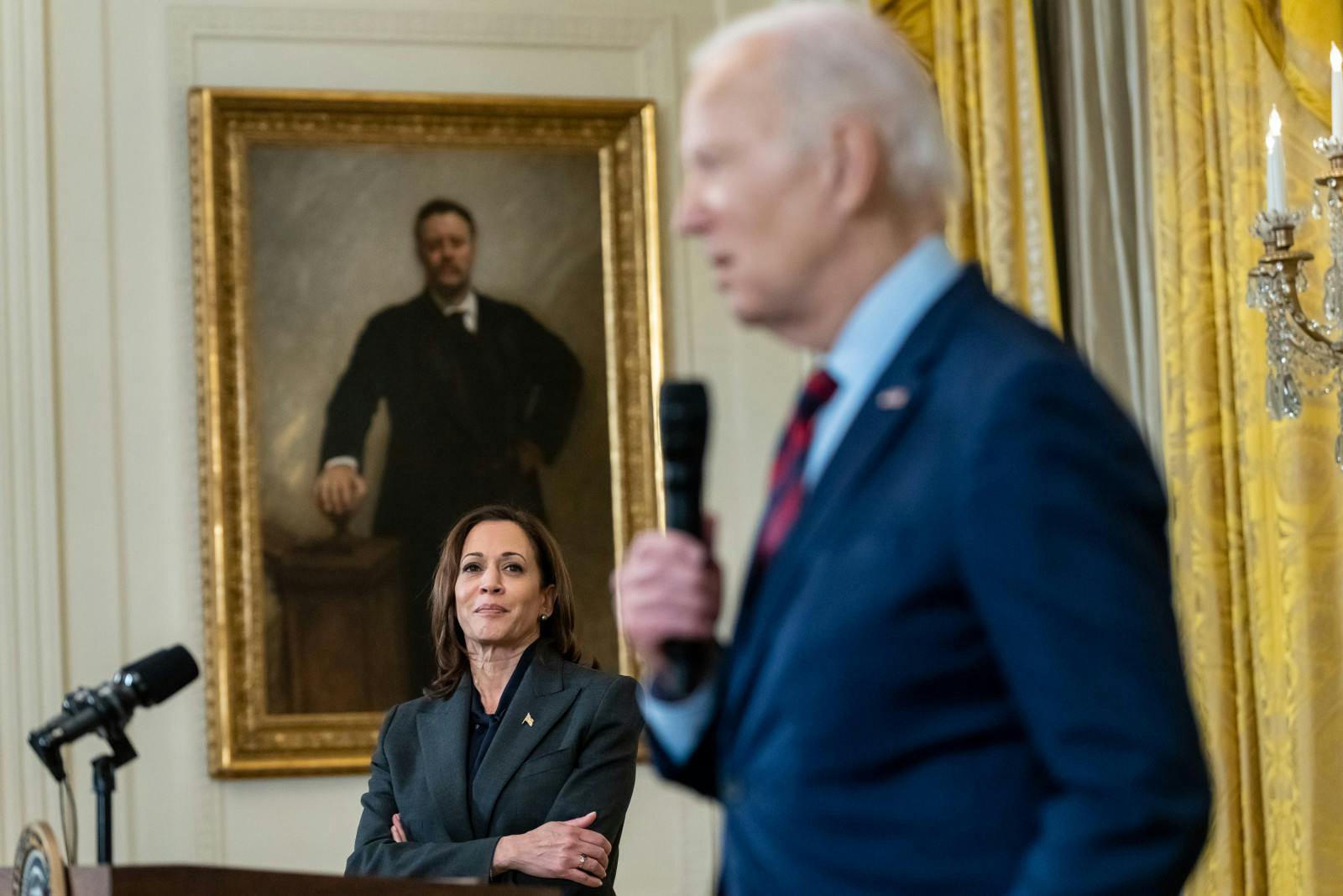Vice President Kamala Harris looks on as President Joe Biden delivers remarks at a reception for new members of congress, Tuesday, January 24, 2023, in the East Room of the White House (Official White House Photo by Erin Scott)