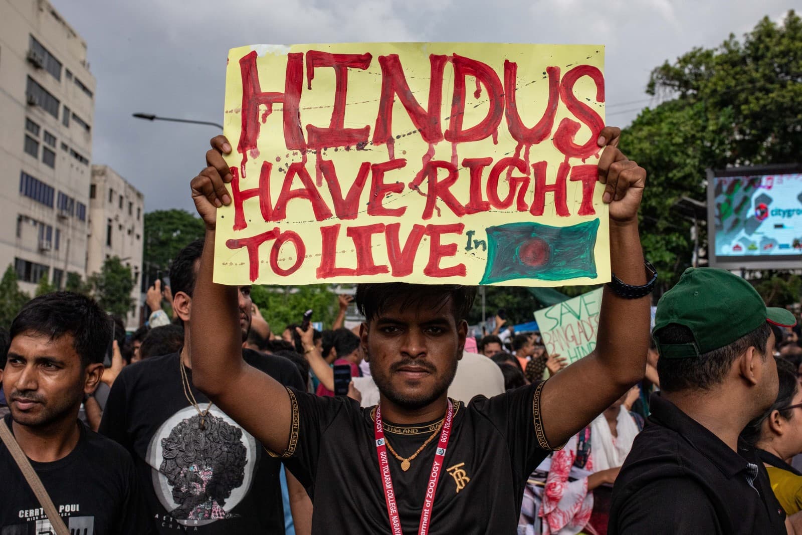 A group of Hindu devotees blocked the Shahbagh intersection in Dhaka, Bangladesh, on Friday, August 9, 2024 to protest the recent vandalism, looting, and arson of Hindu temples and houses in various parts of the country (Md. Rakibul Hasan Rafiu/NurPhoto via Getty Images)