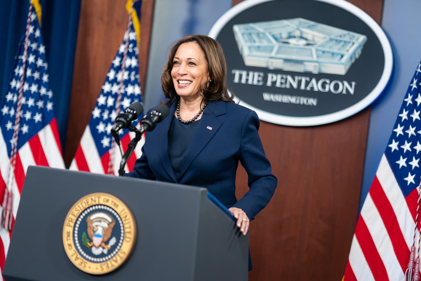 Credit: Vice President Kamala Harris delivers remarks during a press conference Wednesday, Feb. 10, 2021, at the Pentagon in Arlington, Virginia (Official White House Photo by Adam Schultz)