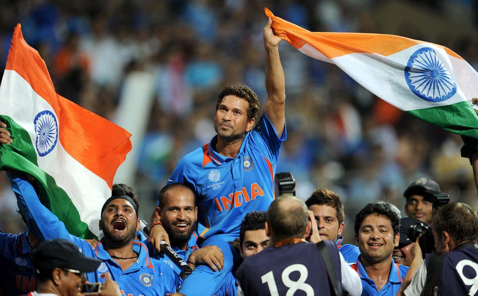 Indian batsman Sachin Tendulkar is carried on his teammates shoulders after India defeated Sri Lanka in the ICC Cricket World Cup 2011 final played at The Wankhede Stadium in Mumbai on April 2, 2011.   (WILLIAM WEST/AFP via Getty Images)