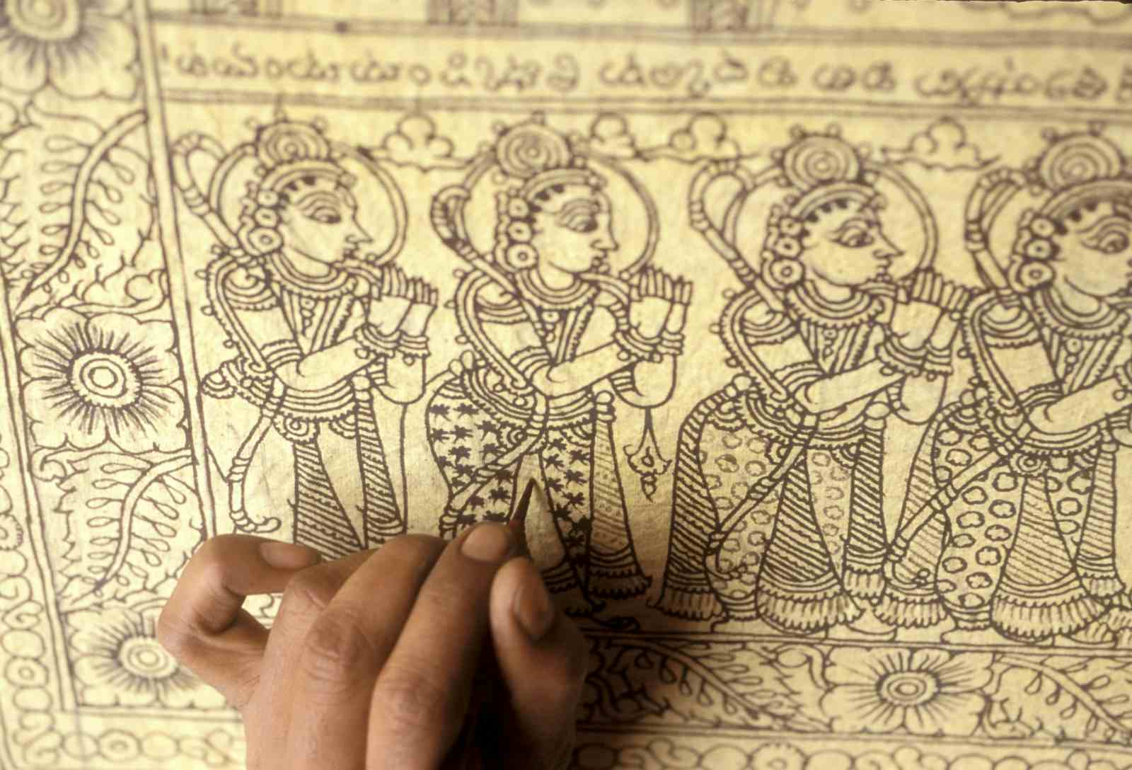 Intricate drawings of ancient art form kalamkari in Andhra Pradesh, India (Anil Kr Sharma/IndiaPictures/Universal Images Group via Getty Images)