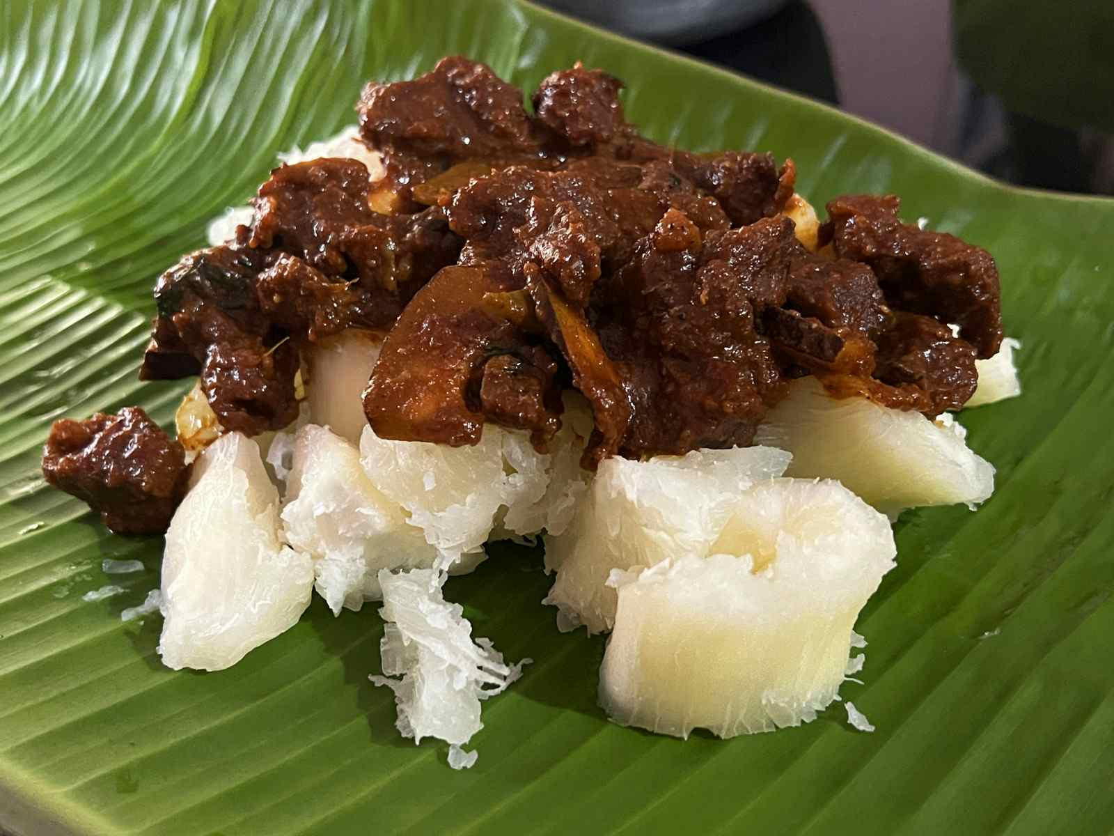 Kerala style beef and tapioca on a banana leaf in Thiruvananthapuram (Trivandrum), Kerala, India, on May 30, 2022 (Creative Touch Imaging Ltd./NurPhoto via Getty Images)