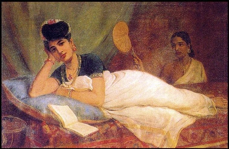 A reclining Nayar lady on a velvet couch with a book open in front of her (Raja Ravi Varma)
